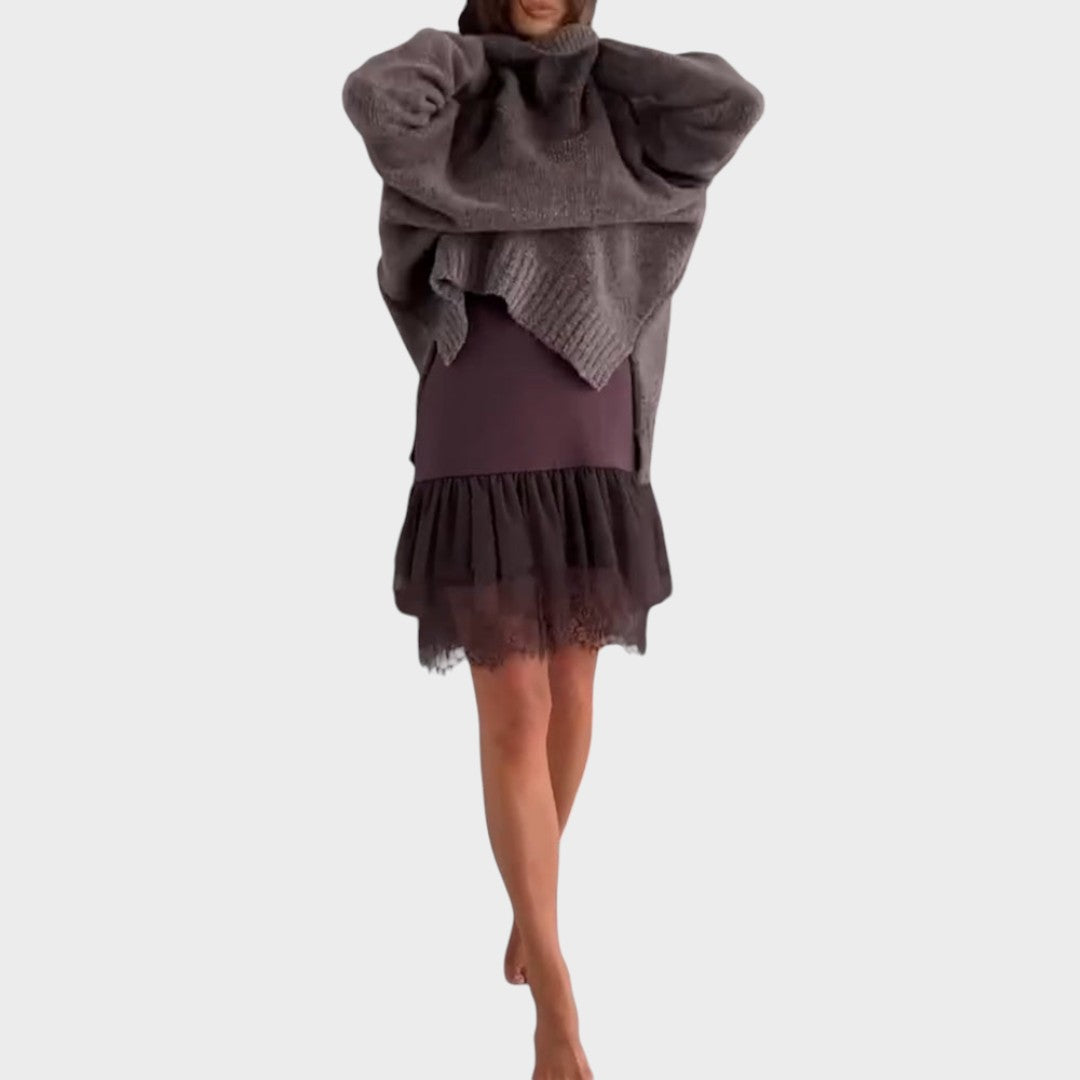 Oversized turtleneck sweater dress set with chunky knit sweater and lace-trimmed slip dress - view 3