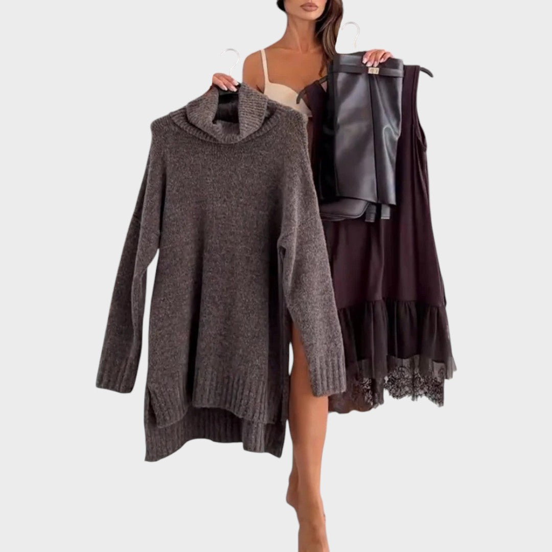 Oversized turtleneck sweater dress set with chunky knit sweater and lace-trimmed slip dress - view 7