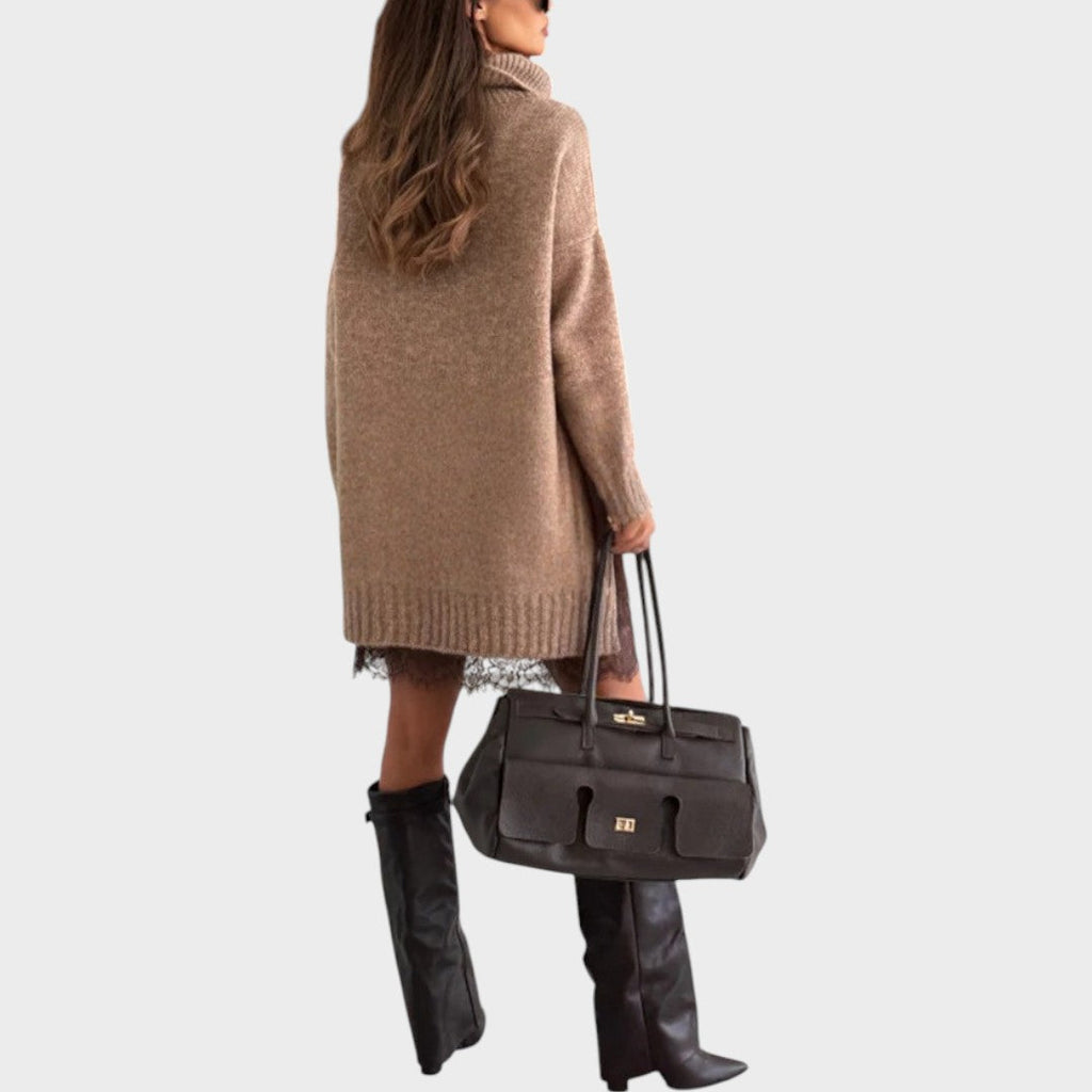 Oversized turtleneck sweater dress set with chunky knit sweater and lace-trimmed slip dress - view 9