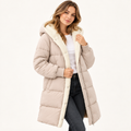Women's hooded long puffer coat with sherpa-look hood and zip snap front - view 7