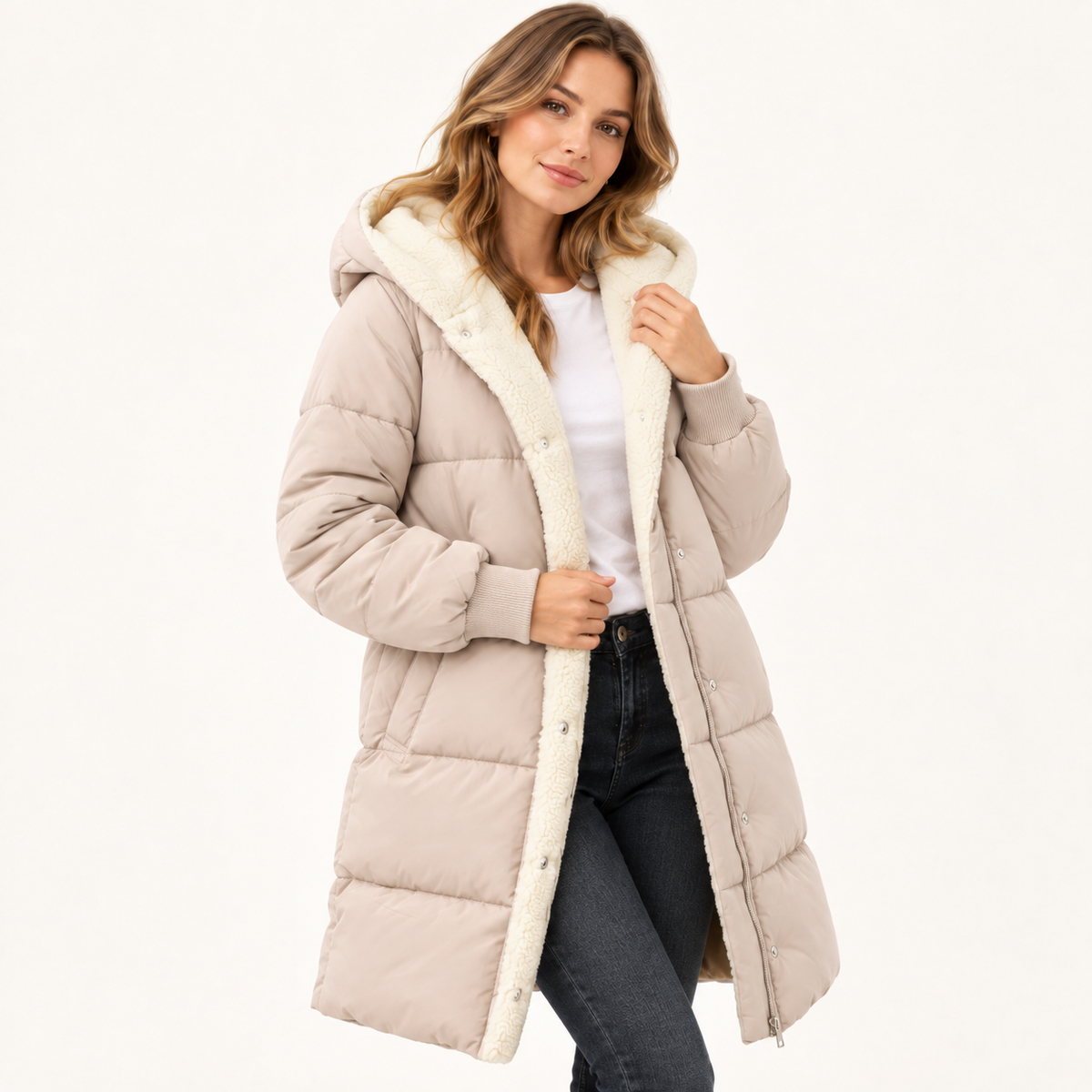 Women's hooded long puffer coat with sherpa-look hood and zip snap front - view 7