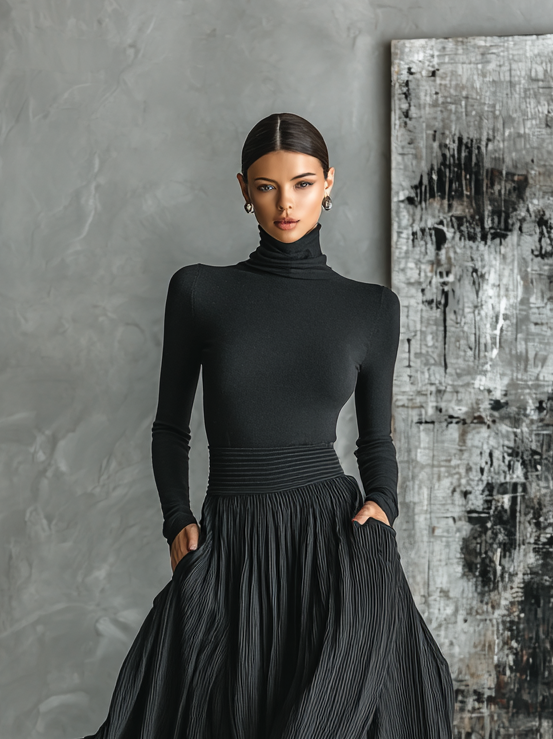 Two-piece black turtleneck and crinkle pleated maxi skirt outfit - view 4