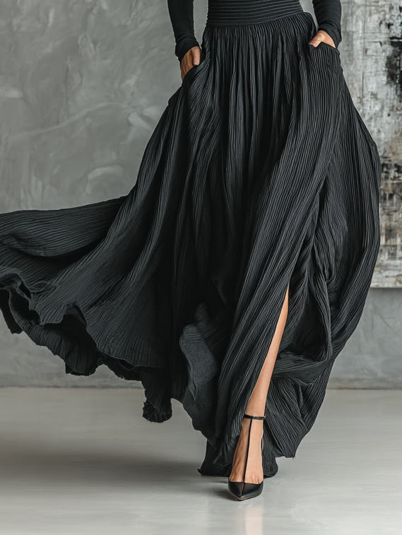 Two-piece black turtleneck and crinkle pleated maxi skirt outfit - view 5