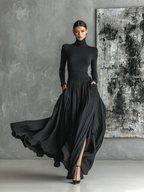 Two-piece black turtleneck and crinkle pleated maxi skirt outfit - view 6