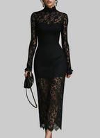 Black floral lace long sleeve maxi dress with mock neck and sheer lace sleeves
