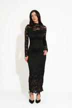 Black floral lace long sleeve maxi dress with mock neck and sheer lace sleeves - view 2