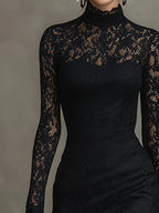Black floral lace long sleeve maxi dress with mock neck and sheer lace sleeves - view 4