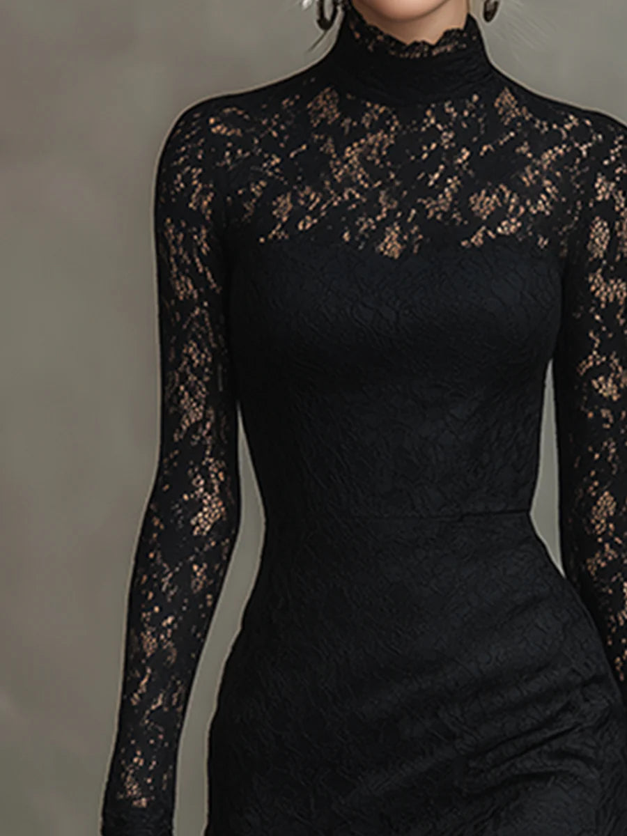 Black floral lace long sleeve maxi dress with mock neck and sheer lace sleeves - view 4