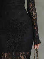 Black floral lace long sleeve maxi dress with mock neck and sheer lace sleeves - view 5