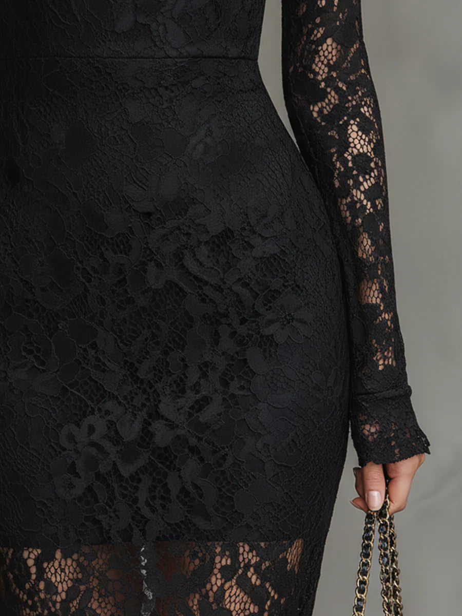 Black floral lace long sleeve maxi dress with mock neck and sheer lace sleeves - view 5