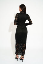 Black floral lace long sleeve maxi dress with mock neck and sheer lace sleeves - view 6