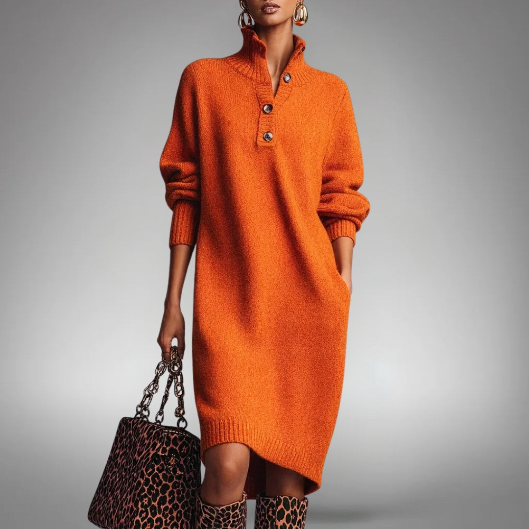 Woman wearing a long sleeve midi sweater dress with a buttoned stand collar and knee-high boots