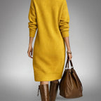 Woman wearing a long sleeve midi sweater dress with a buttoned stand collar and knee-high boots - view 11