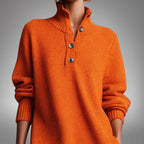 Woman wearing a long sleeve midi sweater dress with a buttoned stand collar and knee-high boots - view 2