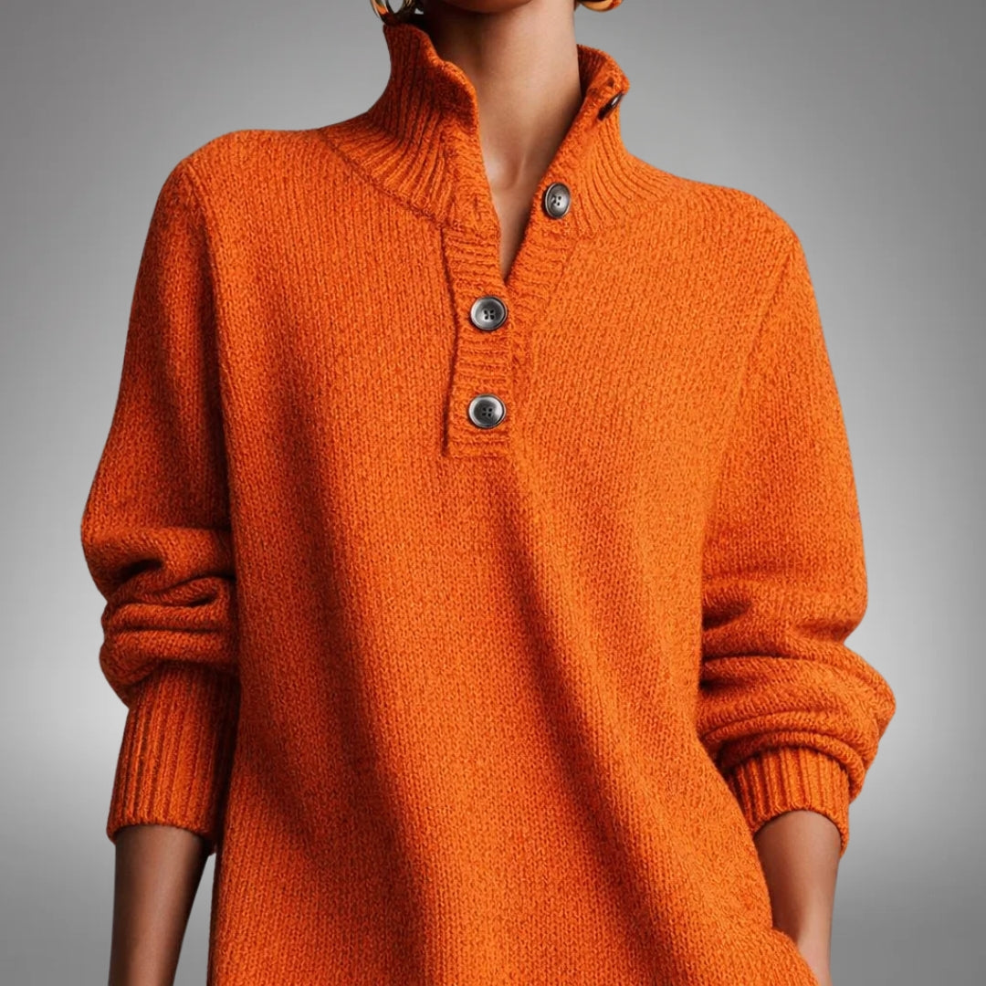 Woman wearing a long sleeve midi sweater dress with a buttoned stand collar and knee-high boots - view 2