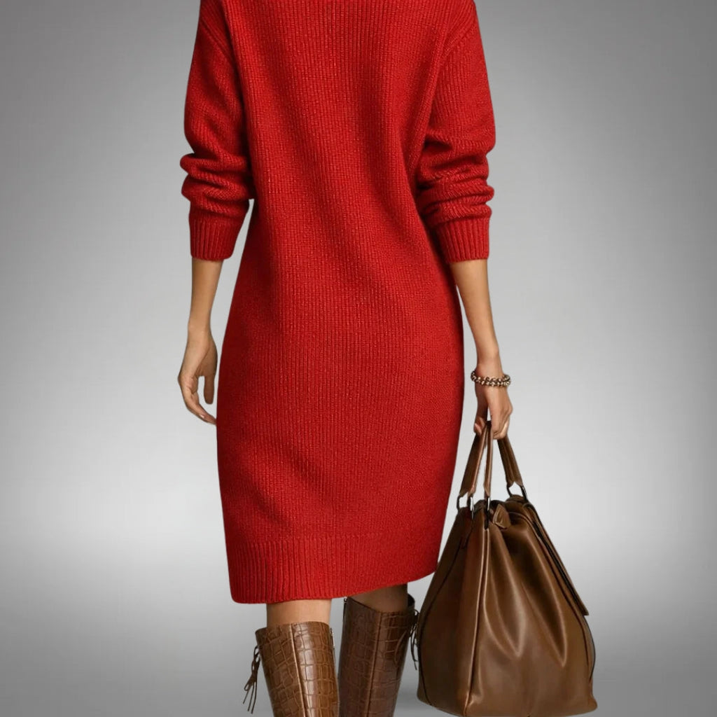 Woman wearing a long sleeve midi sweater dress with a buttoned stand collar and knee-high boots - view 5