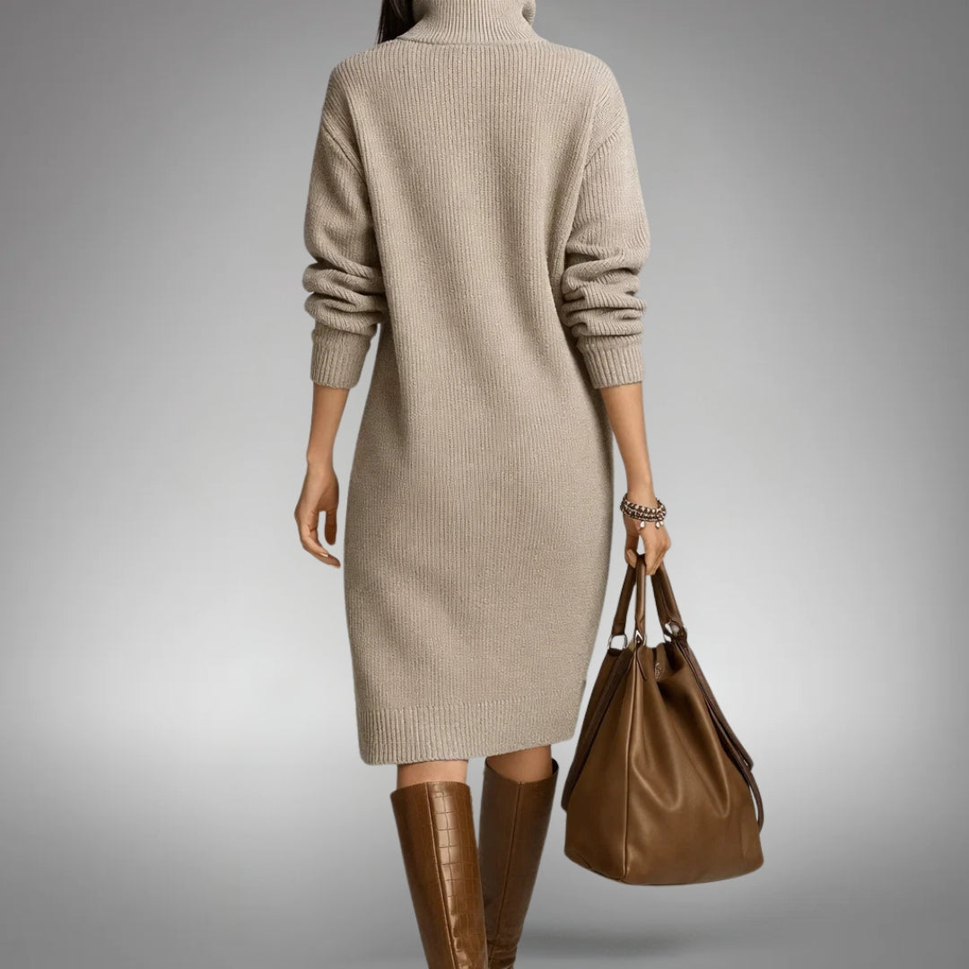 Woman wearing a long sleeve midi sweater dress with a buttoned stand collar and knee-high boots - view 7
