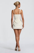 Corset cocktail dress with scoop neckline, lace-up back and draped mini skirt - view 2