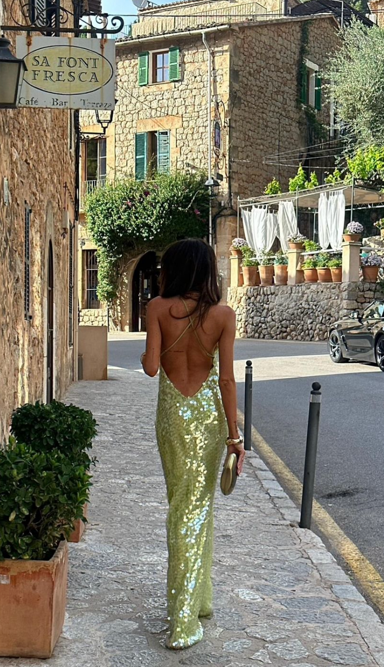 Green sequin backless maxi dress with crossed spaghetti straps - view 4
